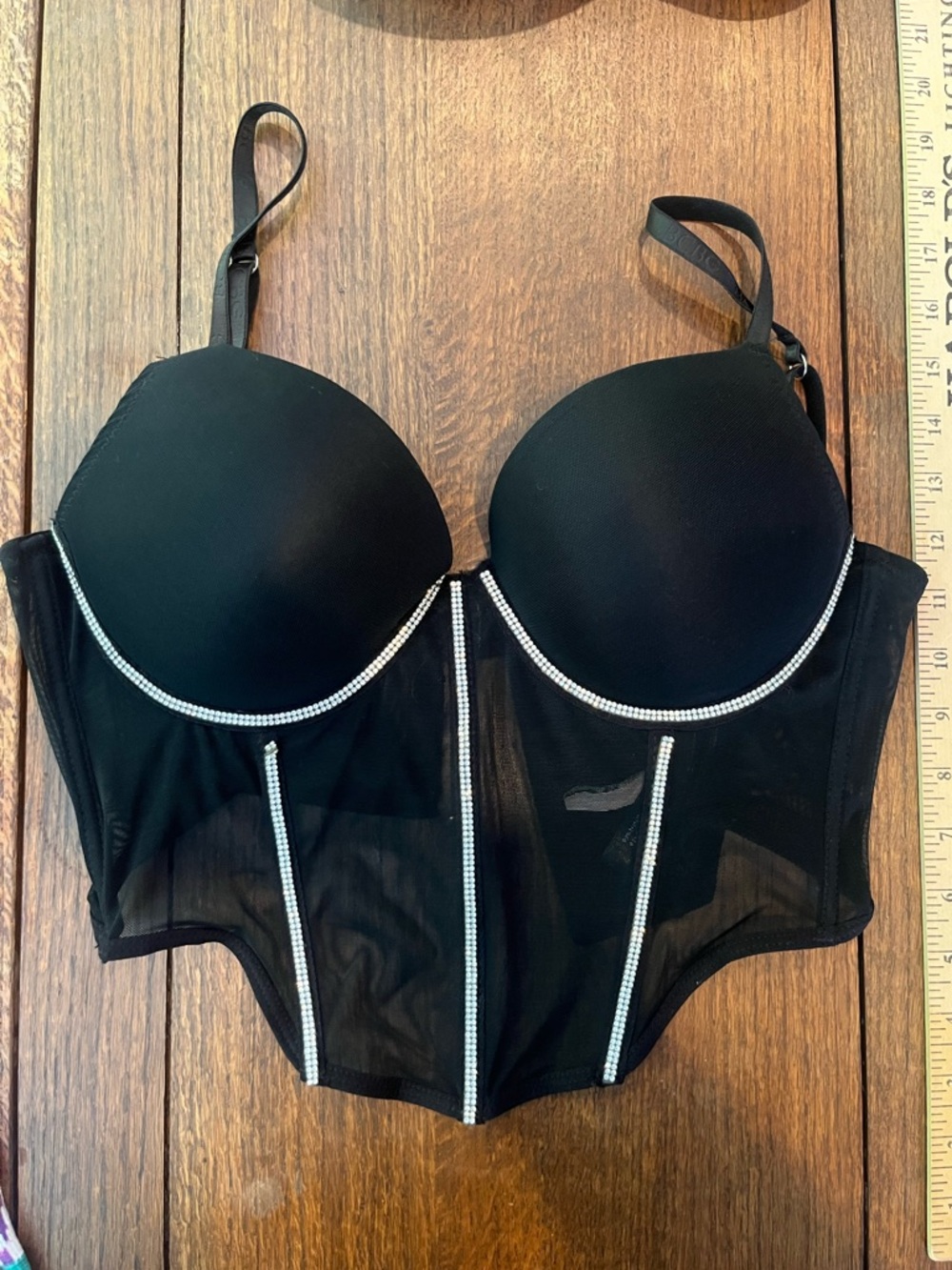 BCBGeneration Black Mesh Crystal‎ Bustier Push Up Corset Bra 36C
